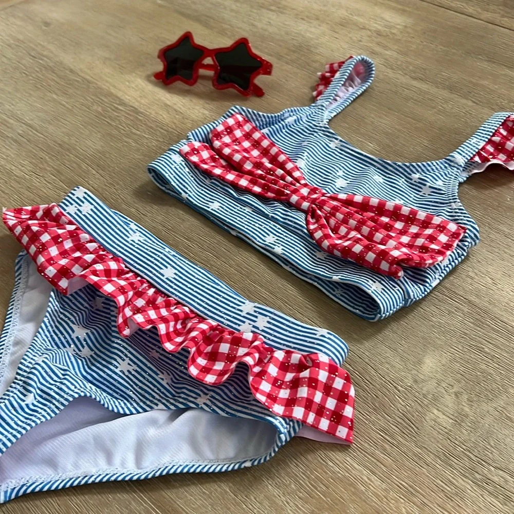 Btween Girls Americana Gingham Stars Sparkle 3 Piece Swim Set 5 Swimsuit